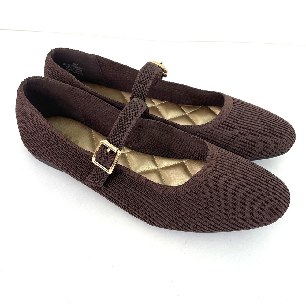 MIA Brita-C Brown Ribbed Knit Mary Jane Ballet Flats Gold Buckle Comfort Fall 10